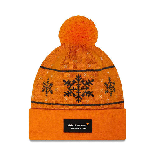 Men's New Era Orange McLaren F1 Team Snowflake Cuffed Knit Hat with Pom