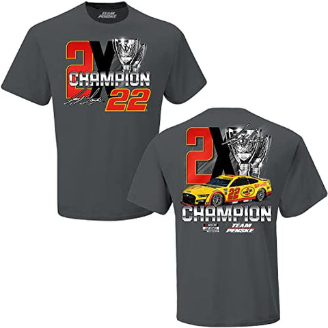 Joey Logano #22 Gray 2022 NASCAR Cup Series 2X Champion 2 Sided Official Trophy T-Shirt (Medium)